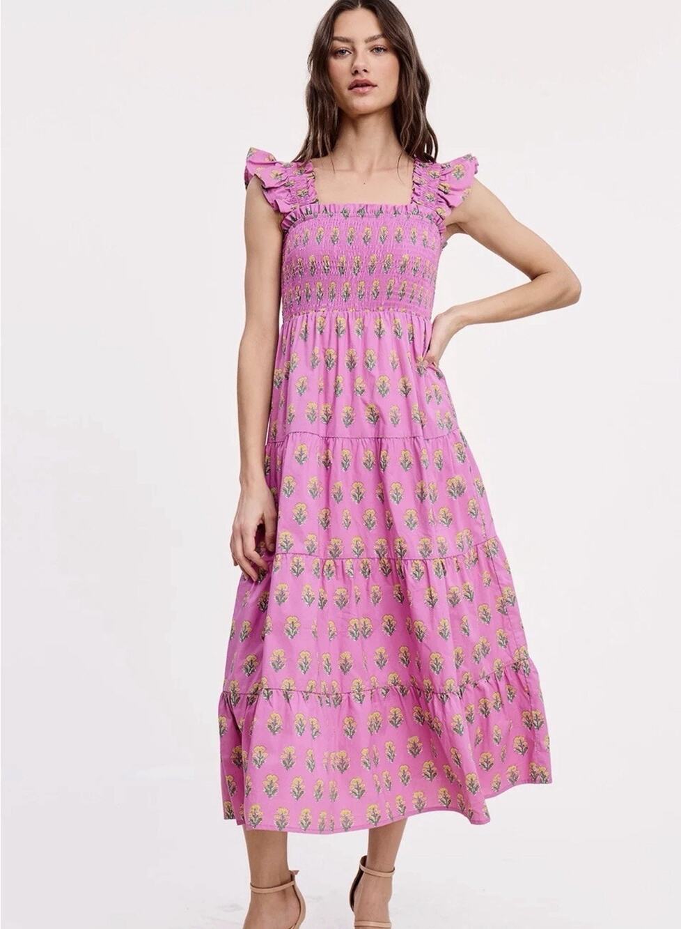 Ultramarine Floral Smocked Tiered Midi Dress Cottagecore Boho Peasant L NWT